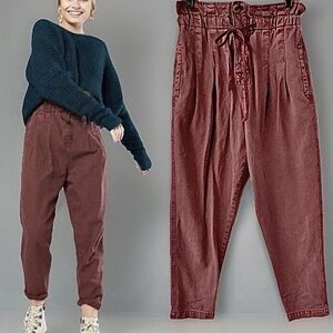 Free People NWOT Margate Pleated Paperbag Waist Burgundy Drawstring Pants, XS
